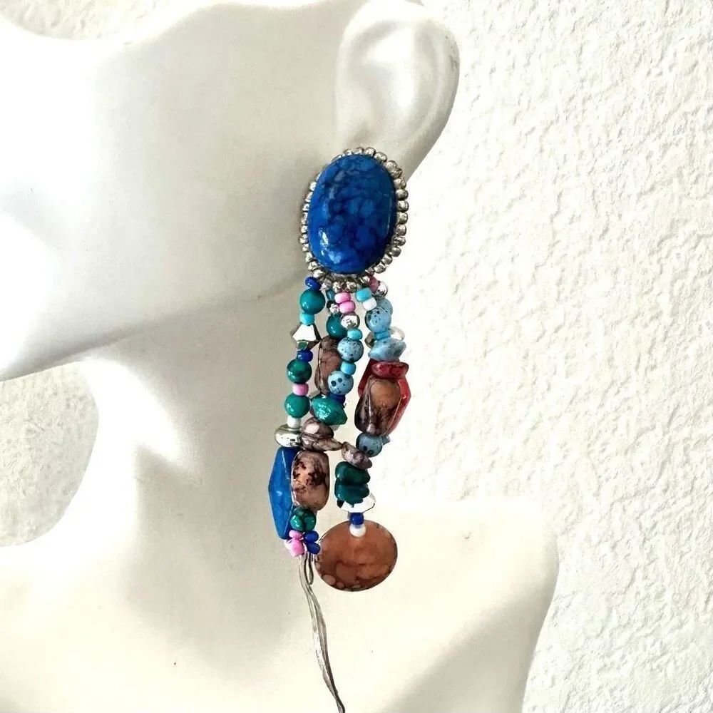 Blue beaded statement earrings - Picture 5 of 9